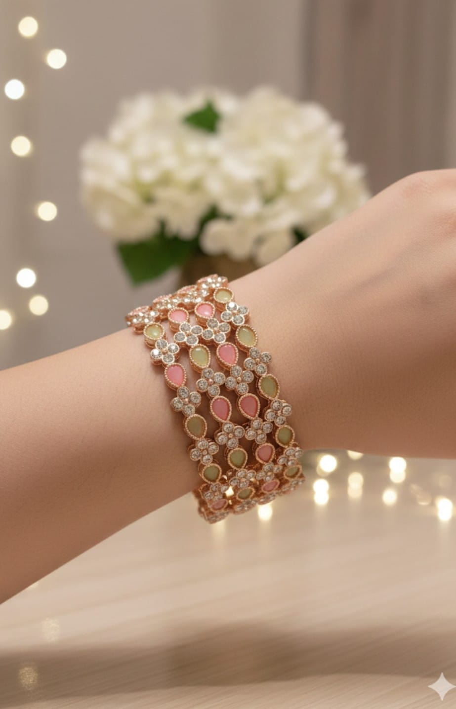 Rose Gold-toned Floral Clover Bangles with Teardrop Enamel (cd 106), set of 4